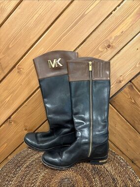 Michael Kors Black and Brown Leather Tall Riding Boots with Gold MK Emblem 6M